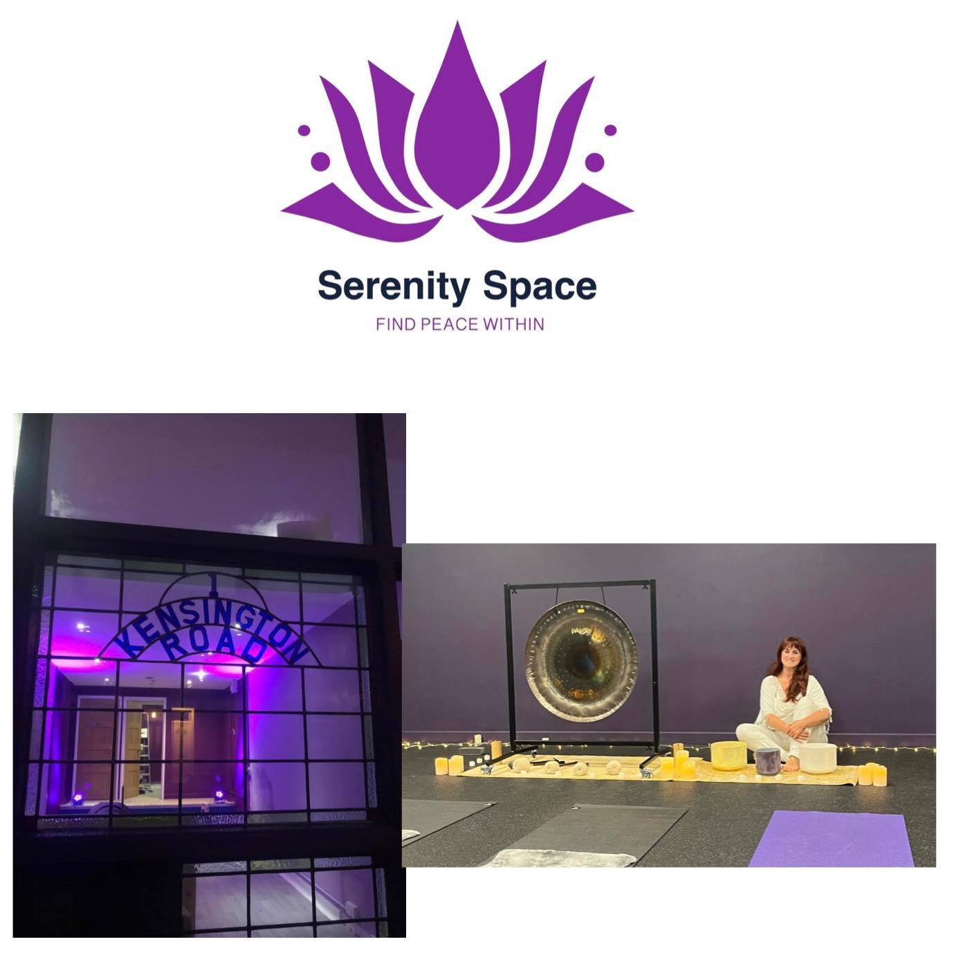 Image of Serenity Space set up for sound healing immersion with Geet Fateh including the purple lotus flower logo for Serenity Space